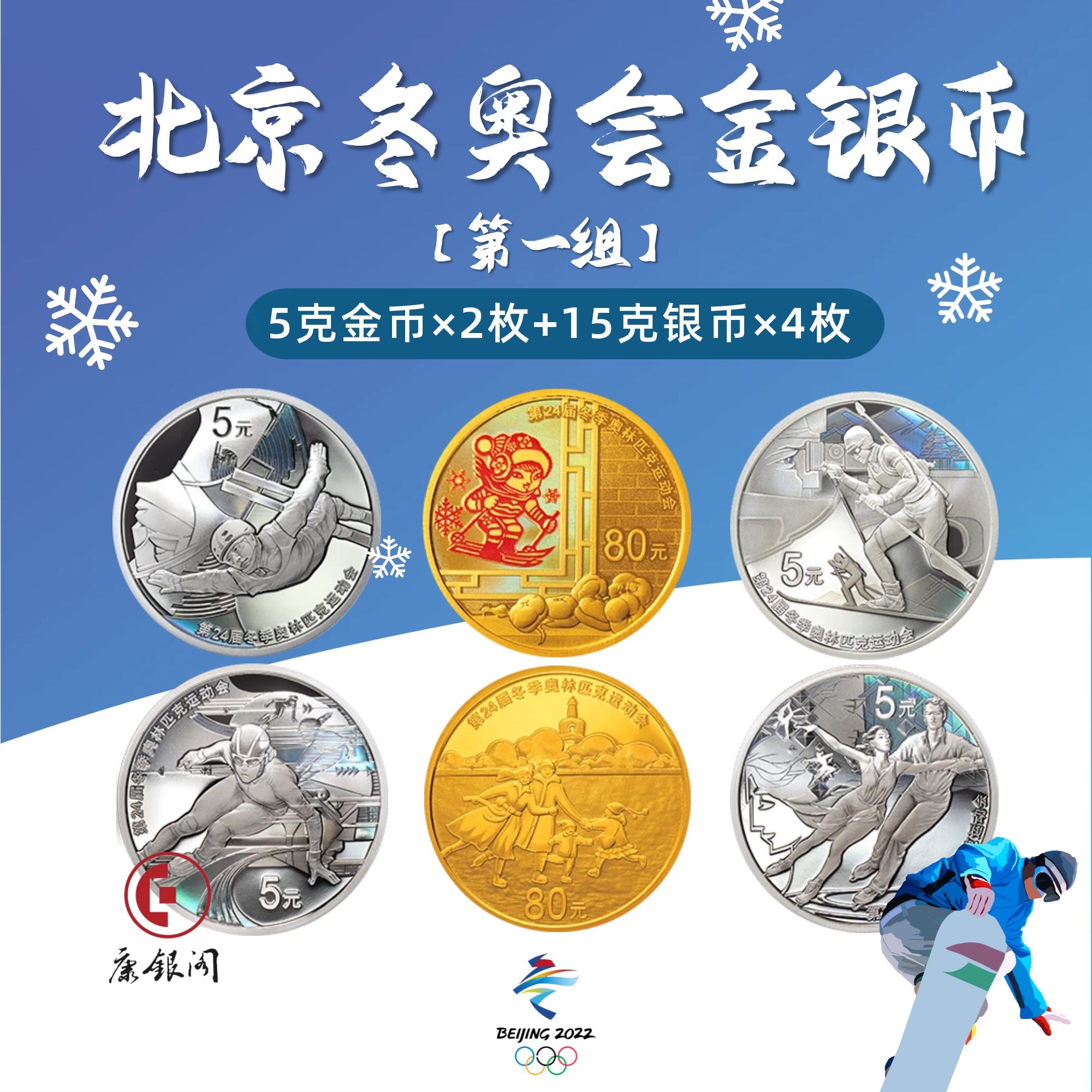 2022年北京冬奥会金银纪念币第1组（5g金币×2枚+15g银币×4枚）